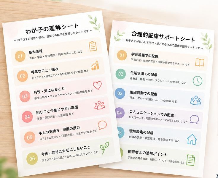 木のテーブルに置かれたA4カラー資料2枚(わが子の理解シート/合理的配慮サポートシート)